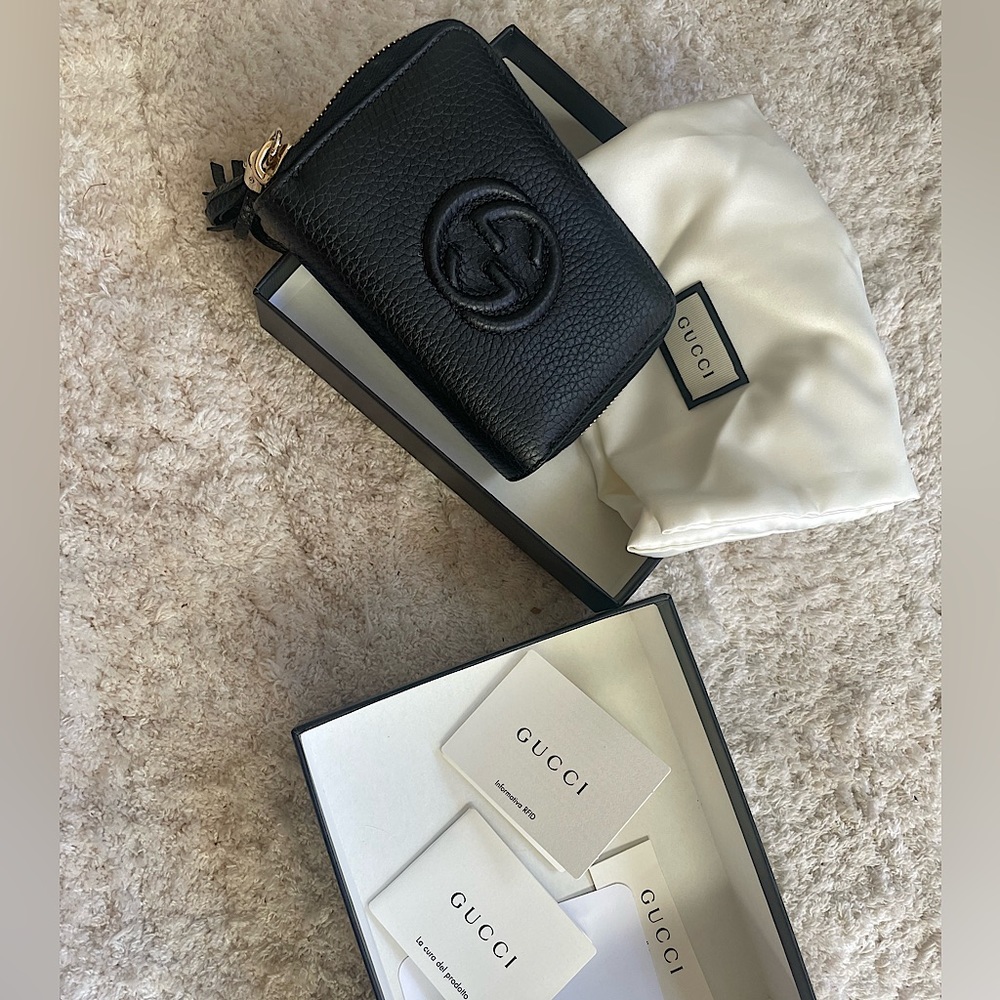 GUCCI black leather mini SOHO interlocking Bamboo Tassel zip around wallet NIB